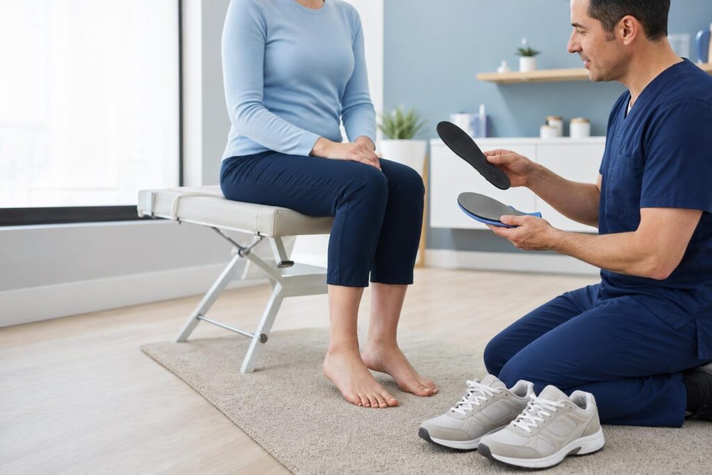 Podiatrist comparing a custom orthotic with a store-bought shoe insert for an adult patient.