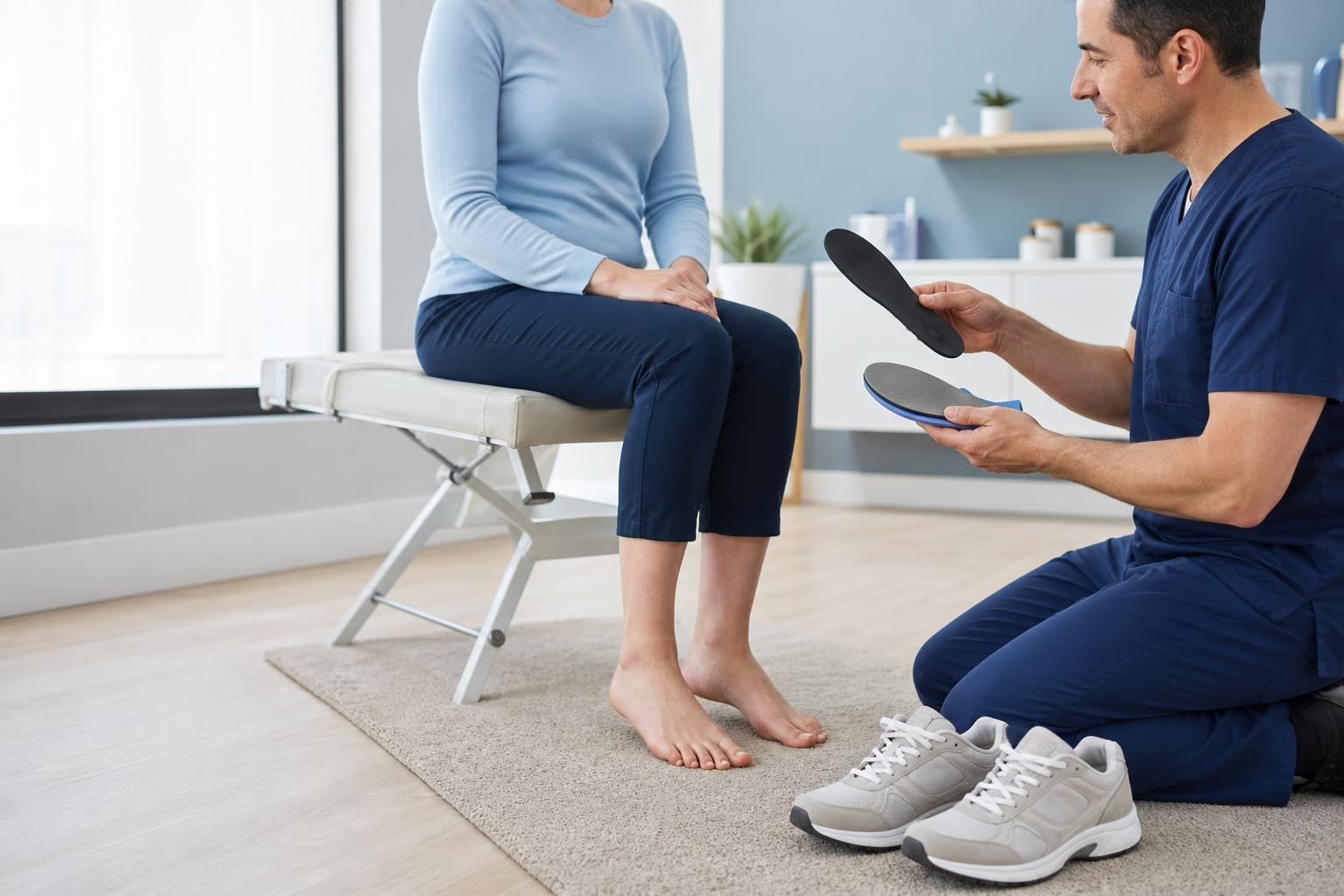 Podiatrist comparing a custom orthotic with a store-bought shoe insert for an adult patient.