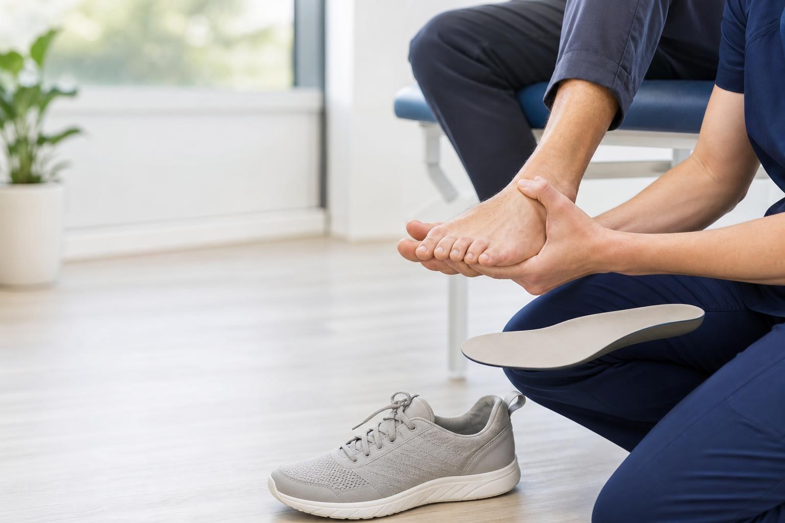 Podiatrist evaluating an adult patient’s foot beside a custom orthotic and walking shoe.