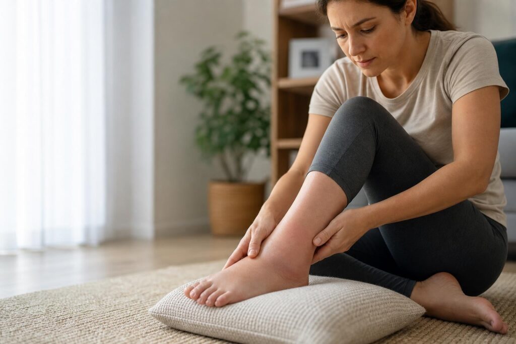 Adult examining a mildly swollen foot and ankle while keeping the injured leg elevated