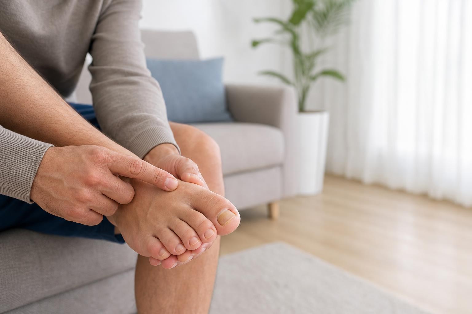 Adult examining a mildly discolored and thickened big toenail for signs of a fungal nail infection