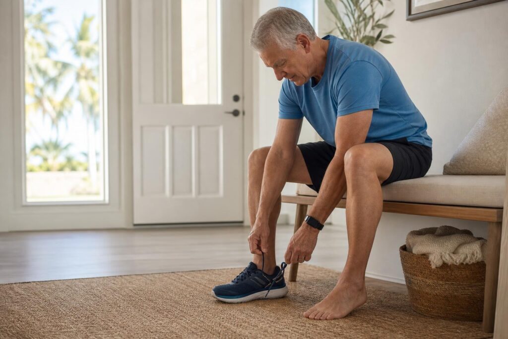 Older adult putting on supportive walking shoes to protect foot comfort and mobility