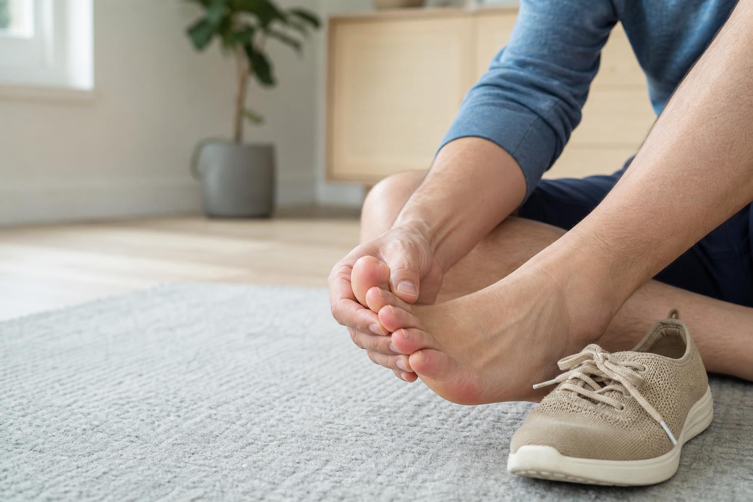 Adult gently examining a mildly irritated big toenail at home