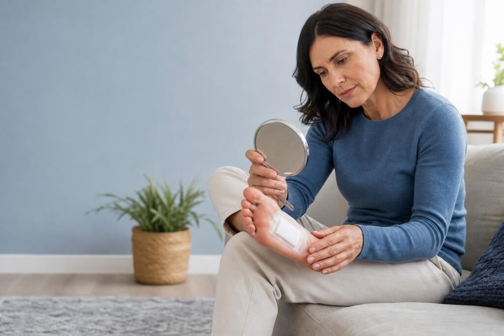 Adult checking a covered foot wound with a mirror for signs of healing