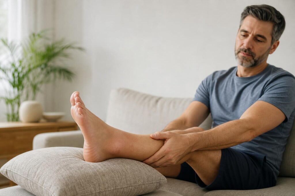 Adult safely elevating one swollen foot and ankle after an injury
