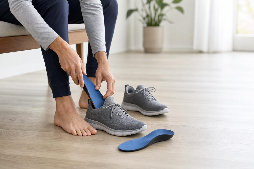 Adult placing a supportive orthotic into a walking shoe before gradually increasing wear time.