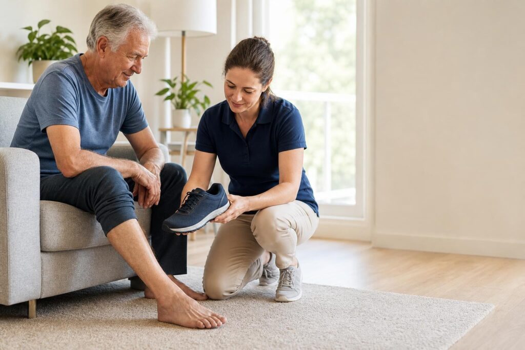 Caregiver helping an older adult check footwear to support comfortable, steady walking