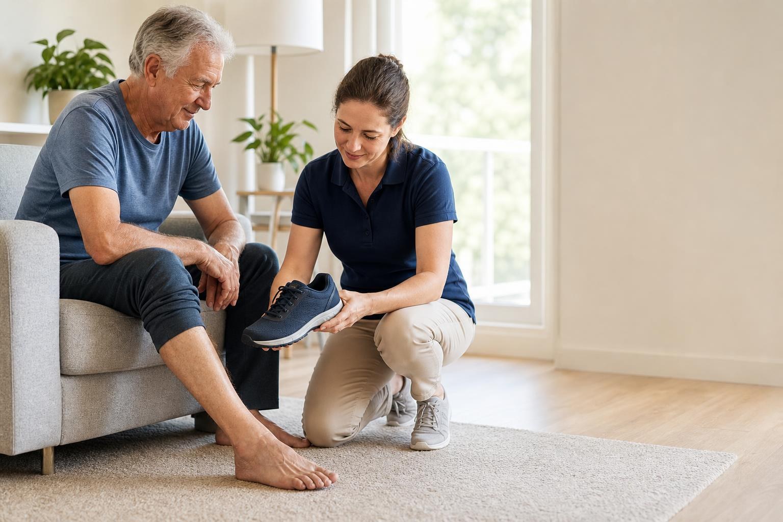 Caregiver helping an older adult check footwear to support comfortable, steady walking