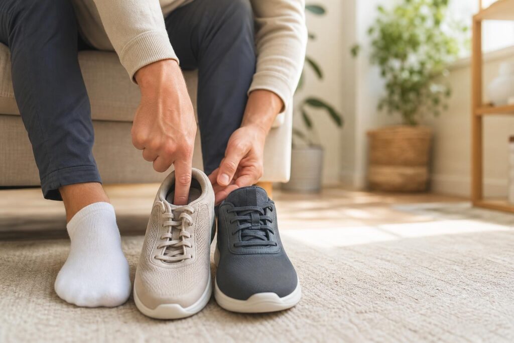 Adult comparing wide, deep toe-box shoes for hammertoe comfort