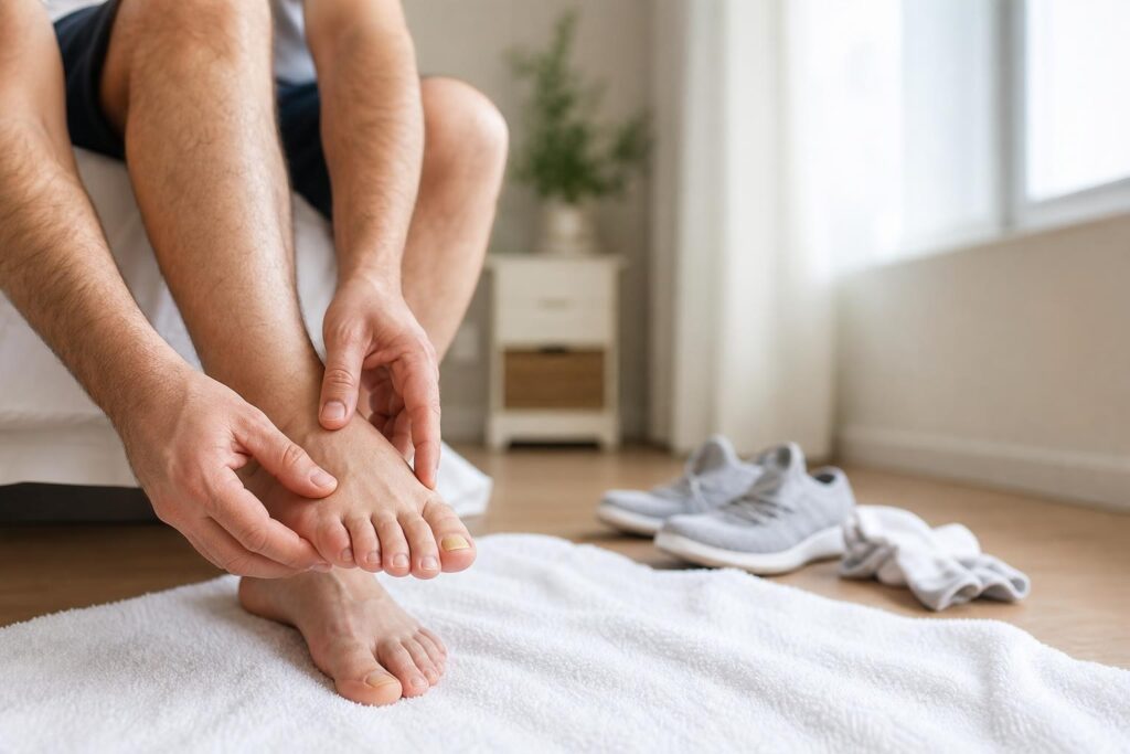 Adult examining a mildly discolored toenail while clean socks and breathable shoes sit nearby.