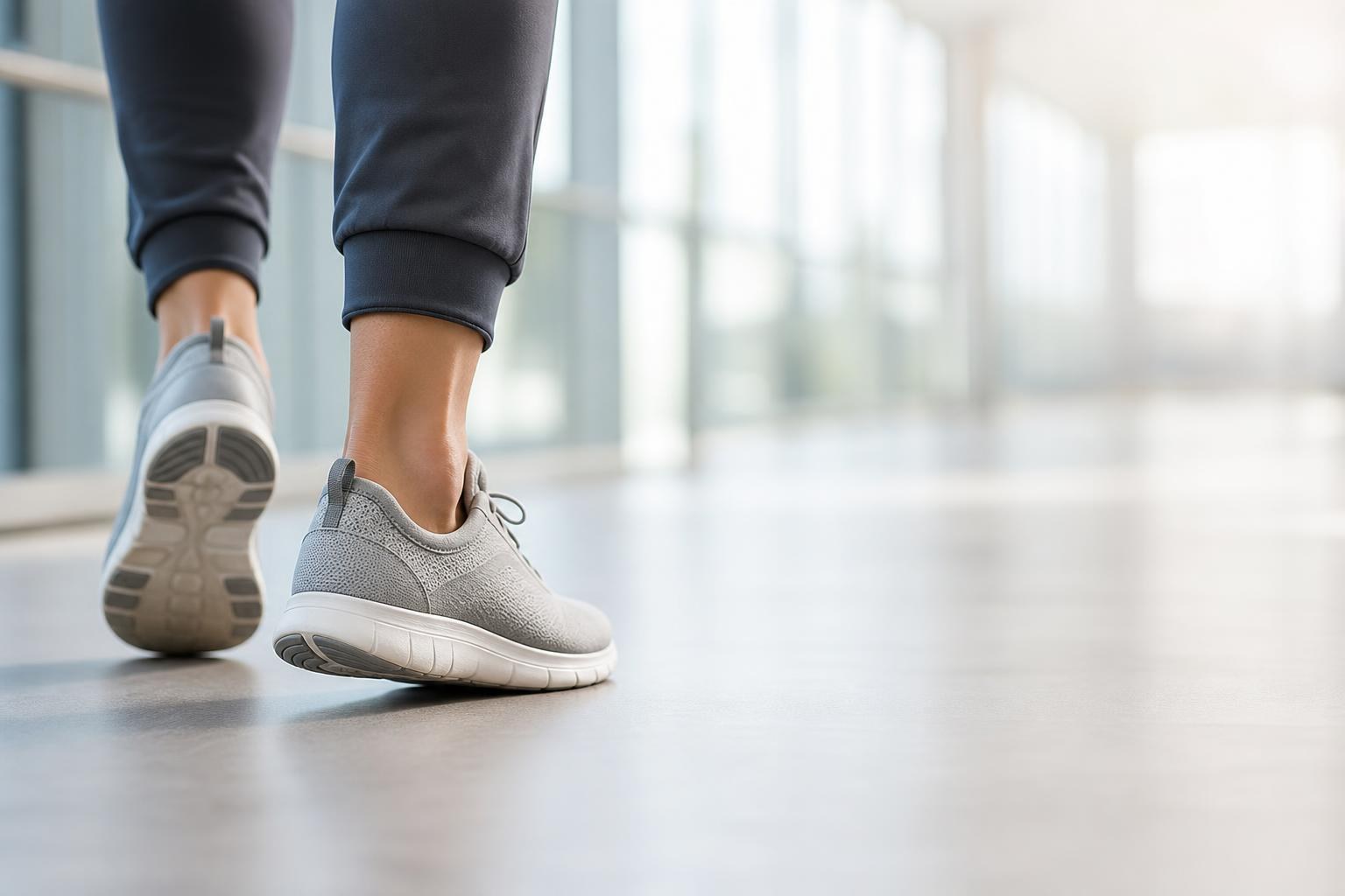 Adult walking in supportive shoes with focus on foot movement and arch mechanics