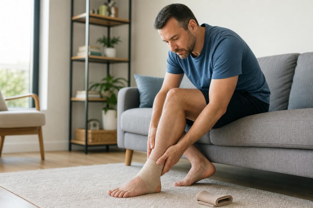 Adult gently examining a sore ankle that is not improving after a sprain