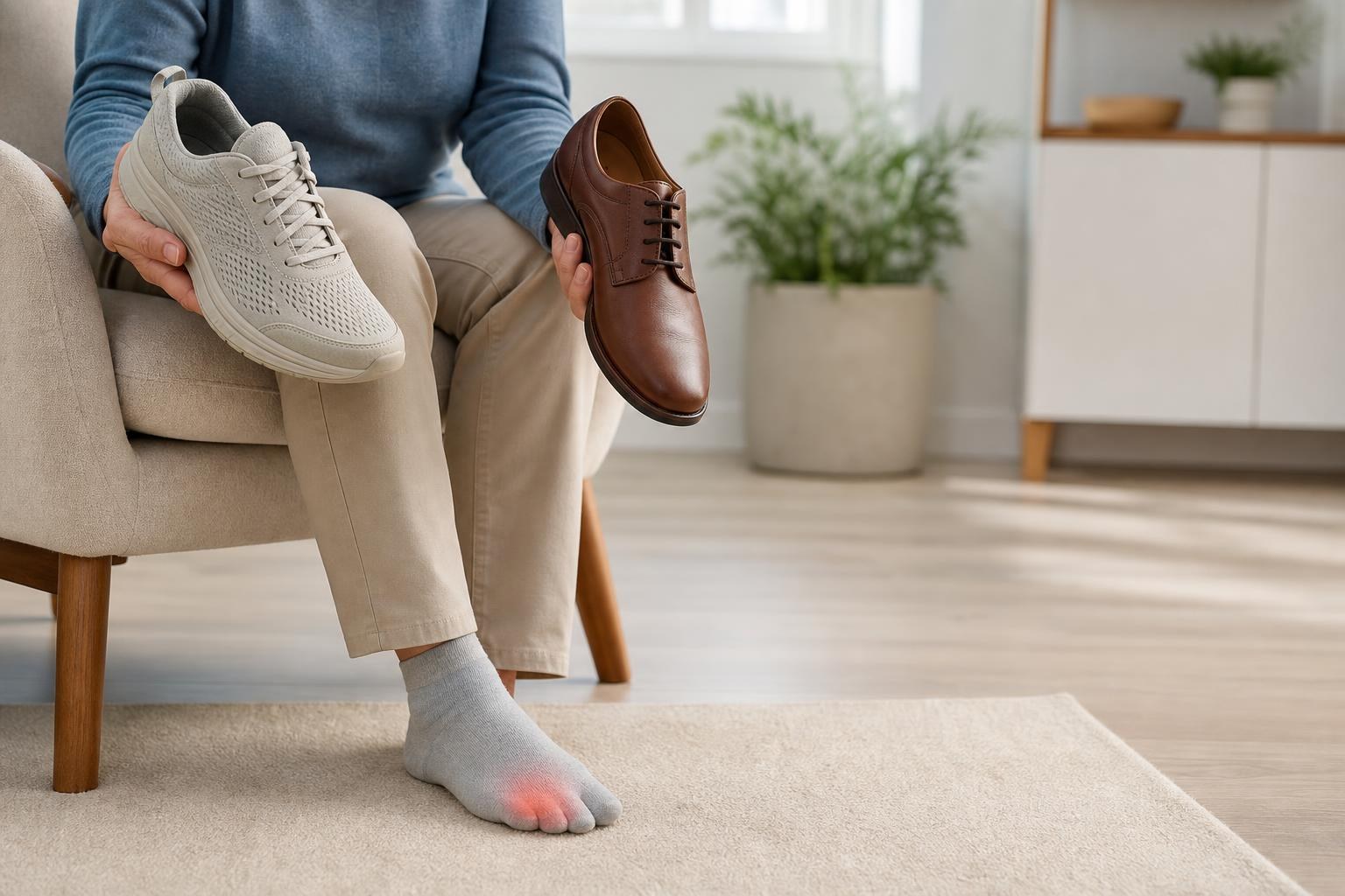 Adult comparing a wide toe-box walking shoe with a narrow shoe to reduce bunion pressure