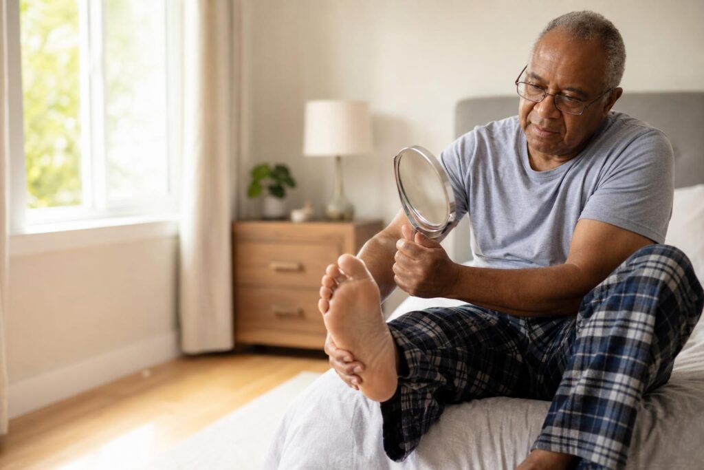 Adult using a handheld mirror to perform a daily diabetic foot check at home.