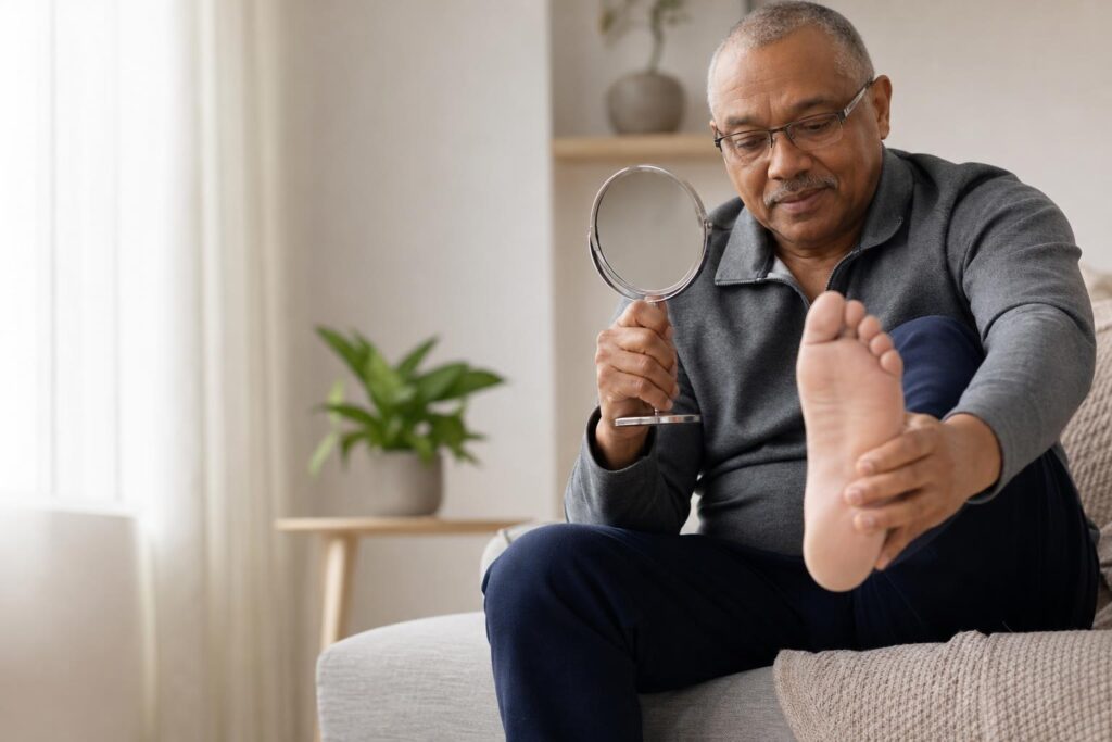 Adult carefully checking the skin and soles of both feet for diabetic foot warning signs
