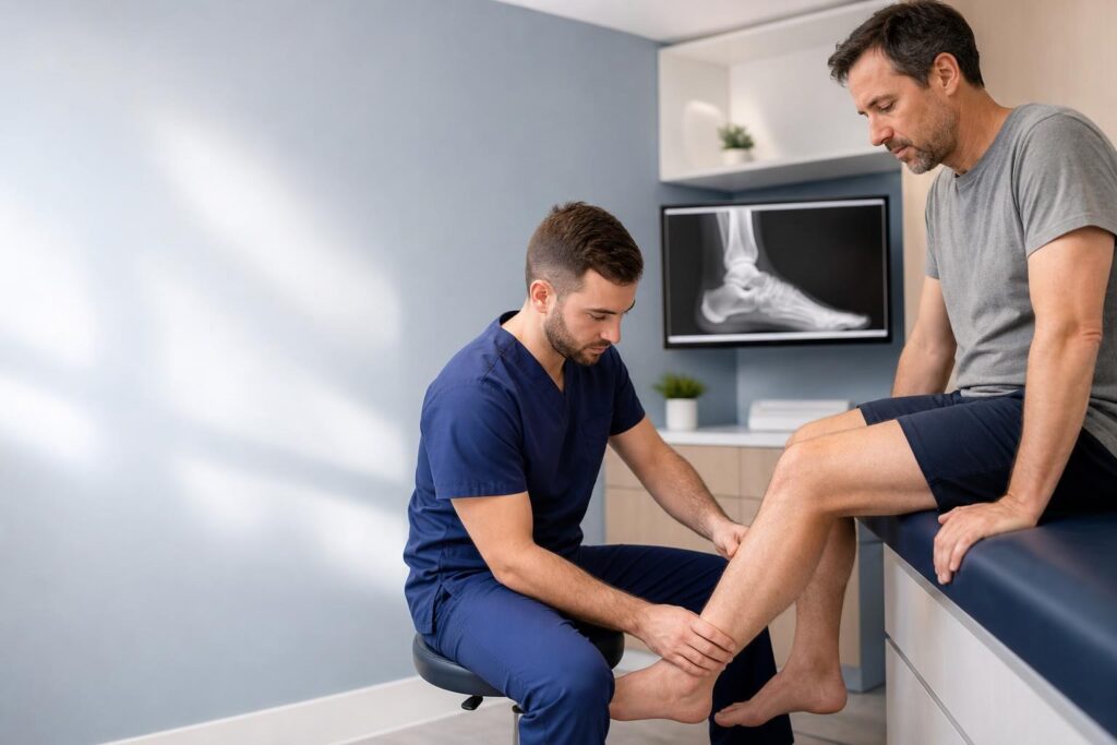 Podiatrist examining a patient’s ankle with a foot X-ray displayed in the background