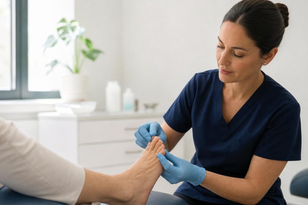 Podiatrist examining a mildly thickened and discolored toenail for signs of fungal infection