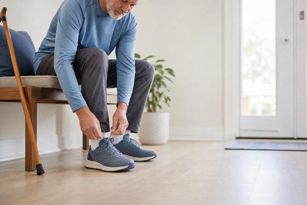 Older adult fastening a supportive walking shoe to improve comfort and stability.
