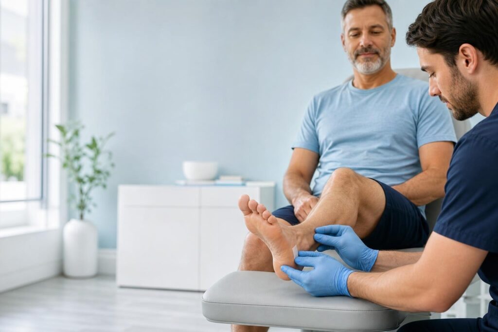 Podiatrist examining a small dressed area on a patient's foot after a wound reopened