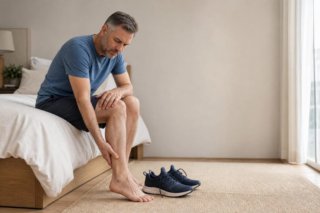 Adult touching a sore heel while sitting on the edge of a bed in the morning
