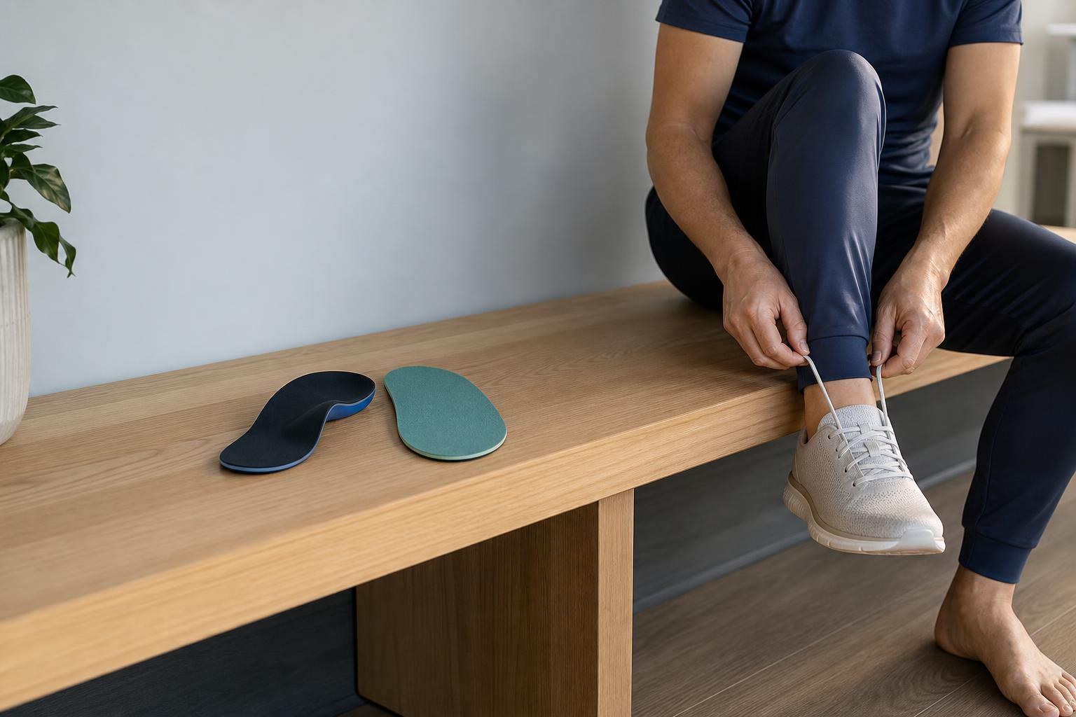 Adult comparing a custom foot orthotic with a store-bought insole beside an athletic shoe.