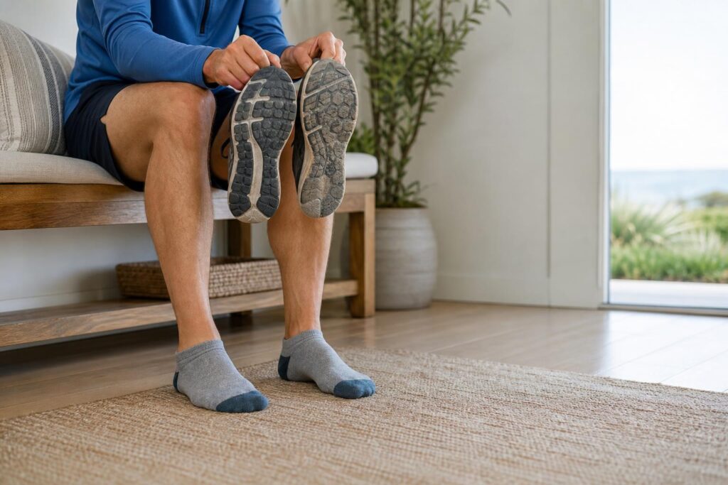 Adult comparing uneven wear on walking shoes while experiencing mild arch discomfort