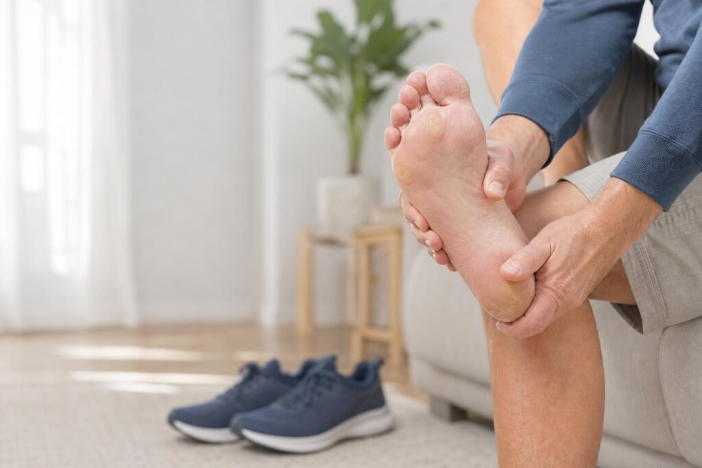 Adult examining subtle callused skin on the foot with walking shoes nearby