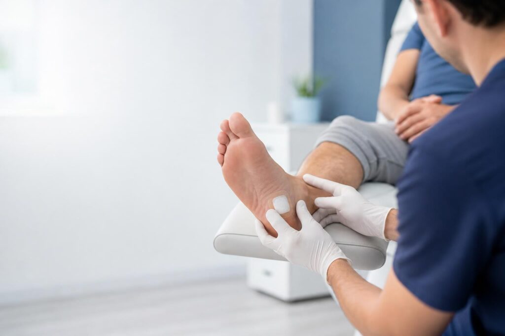 Podiatrist gently examining a dressed foot wound during a clinical wound care visit