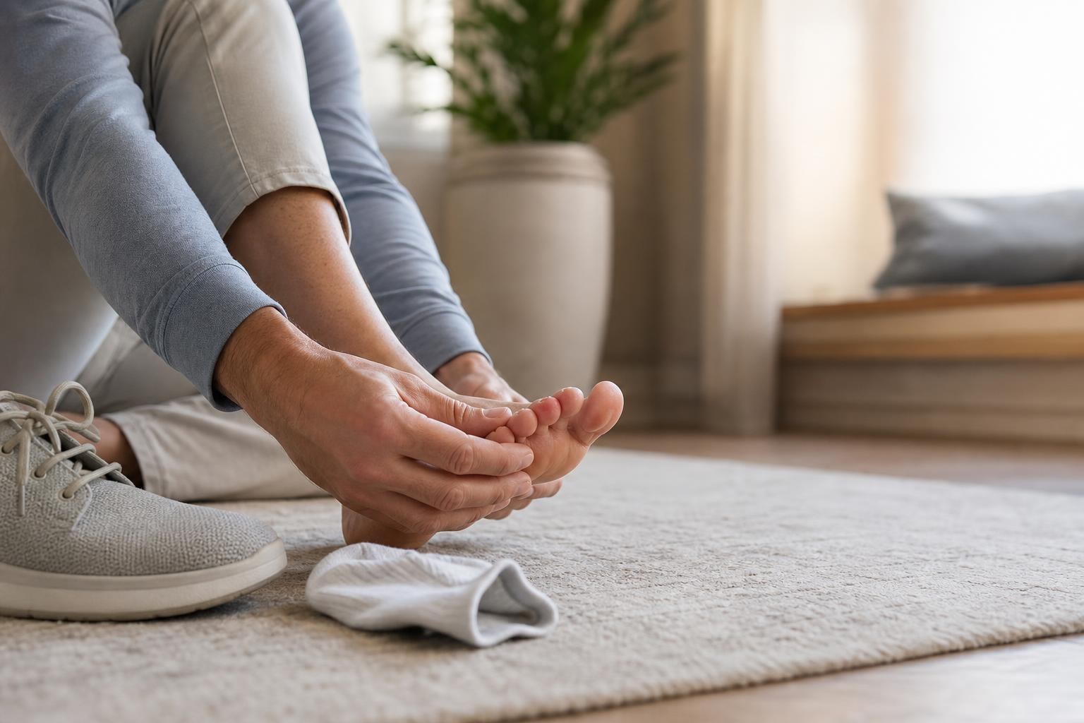 Adult checking a red pressure spot on a hammertoe beside a closed walking shoe