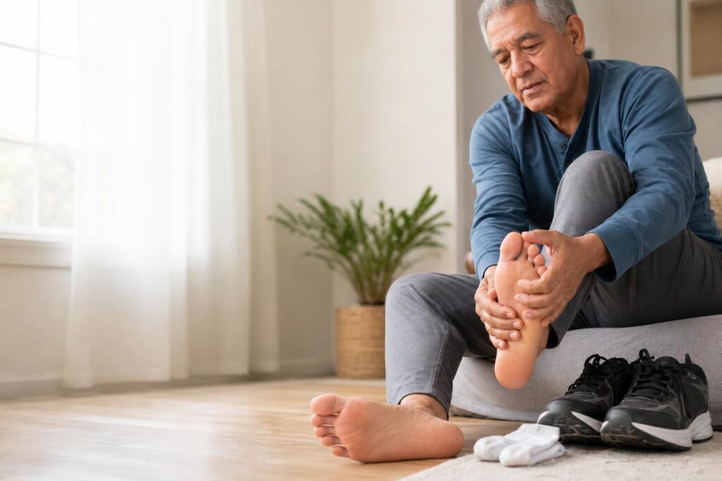 Adult carefully checking both feet for subtle skin changes related to diabetes