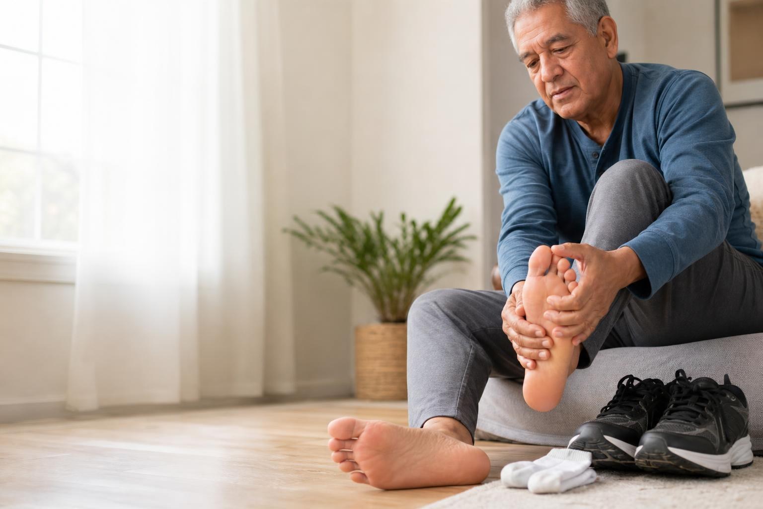 Adult carefully checking both feet for subtle skin changes related to diabetes