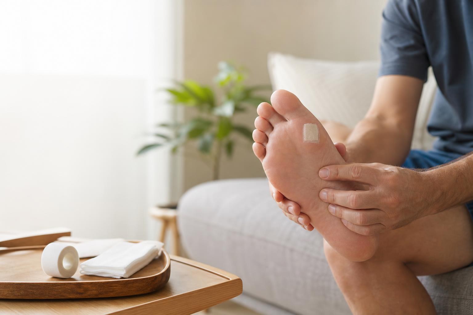 Adult examining a small foot cut protected by a clean dressing