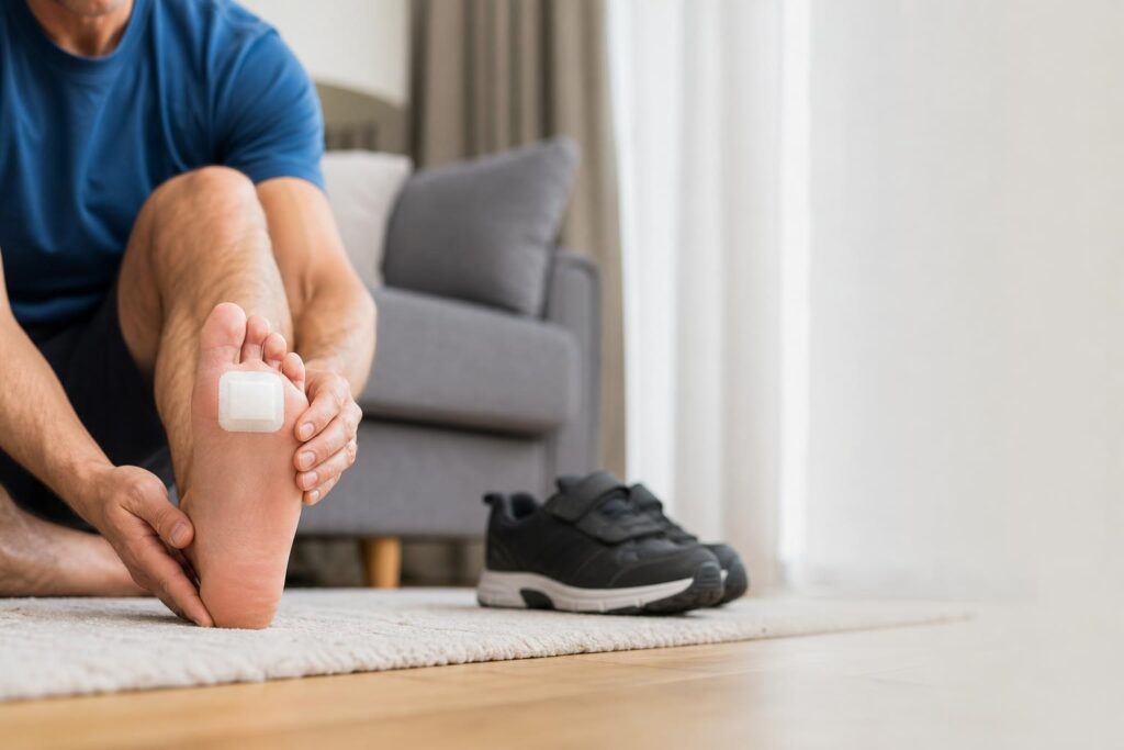 Adult examining a clean bandage on the foot with a walking shoe nearby