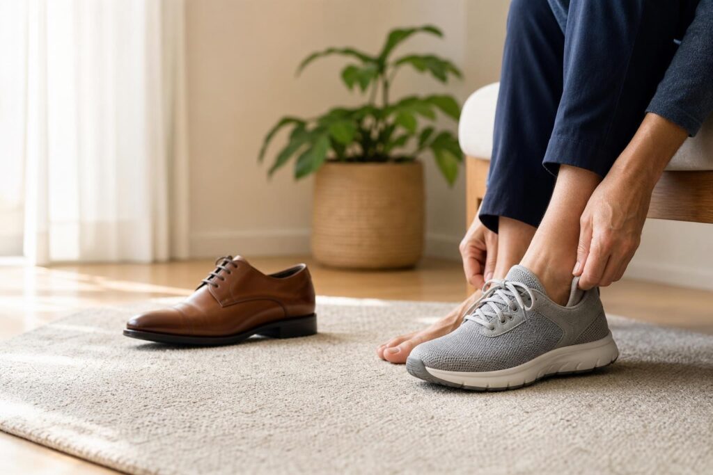 Adult choosing a wide toe-box walking shoe to reduce pressure on a sensitive bunion.