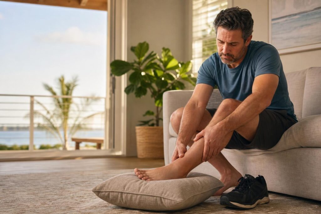 Adult examining a mildly swollen foot and ankle after activity later in the day