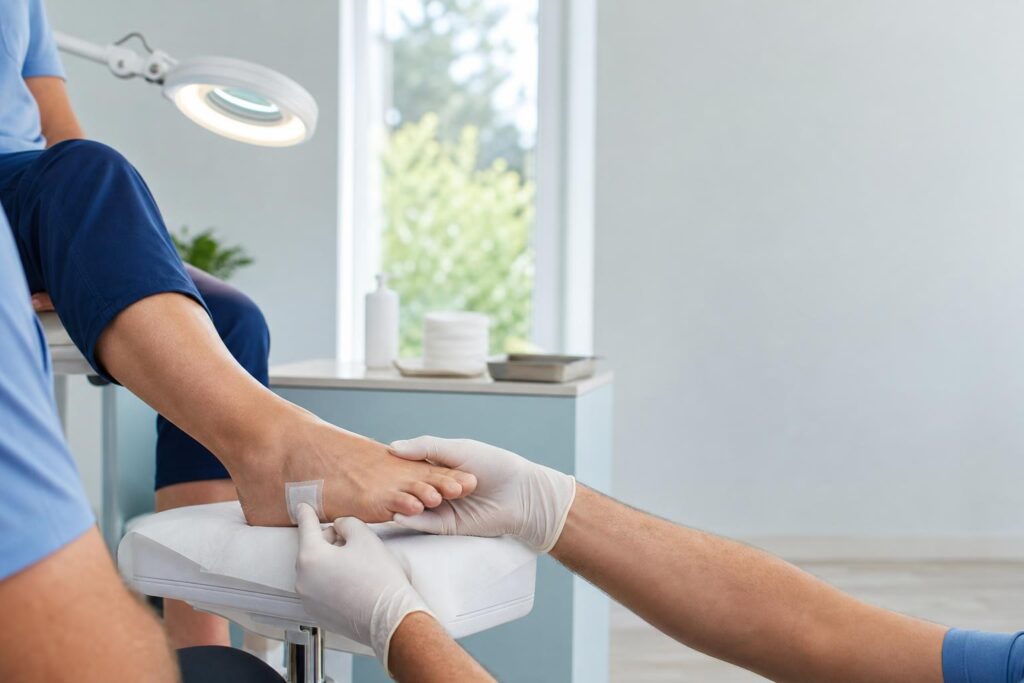 Podiatrist gently examining a dressed foot wound during a clinical visit
