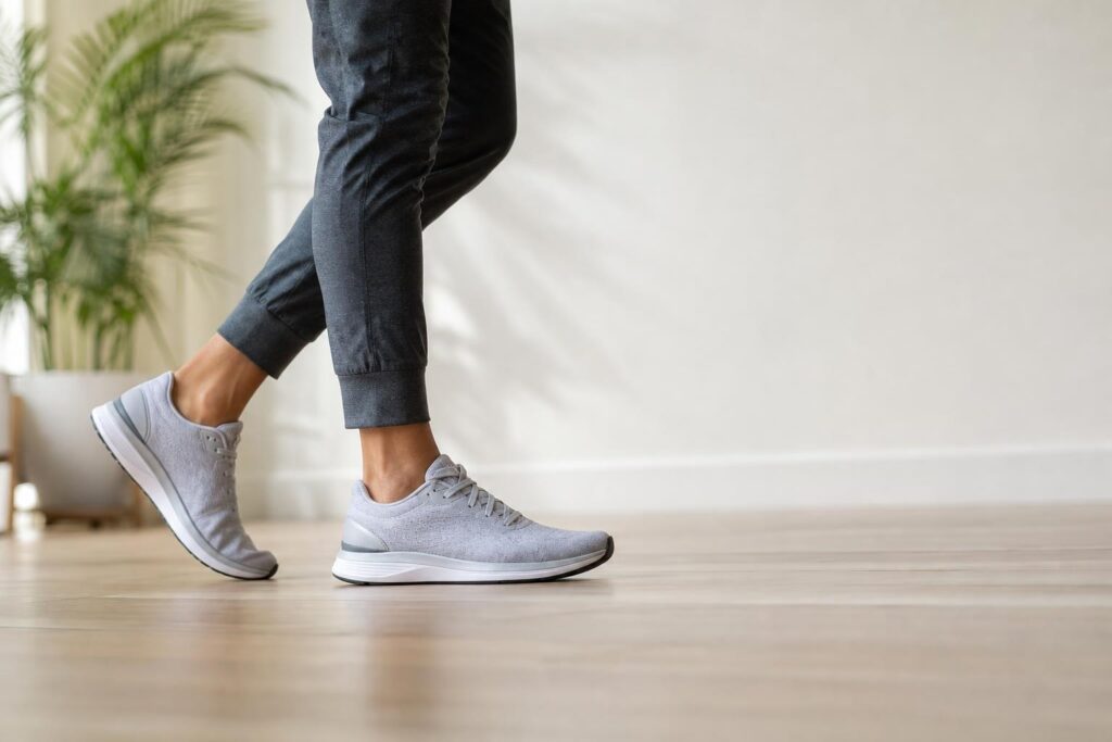 Adult lifting the heel during the push-off phase of walking, when arch pain may become noticeable