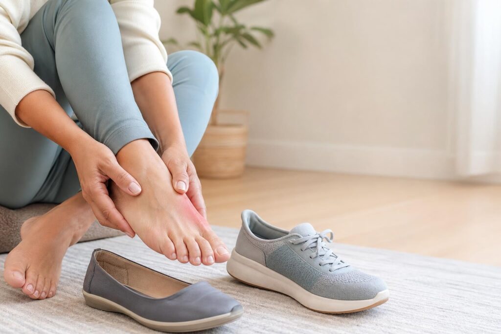Adult gently examining a mildly irritated bunion after removing a narrow shoe