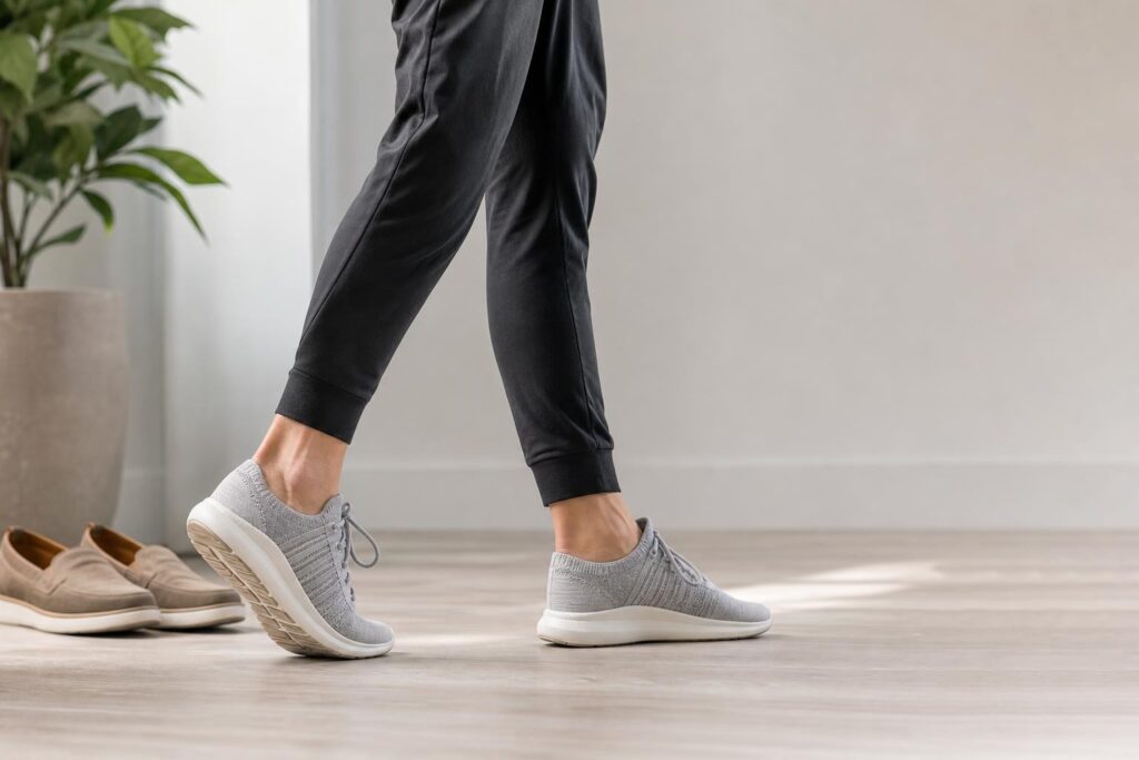 Adult walking in supportive shoes with the foot arch visible during mid-stance