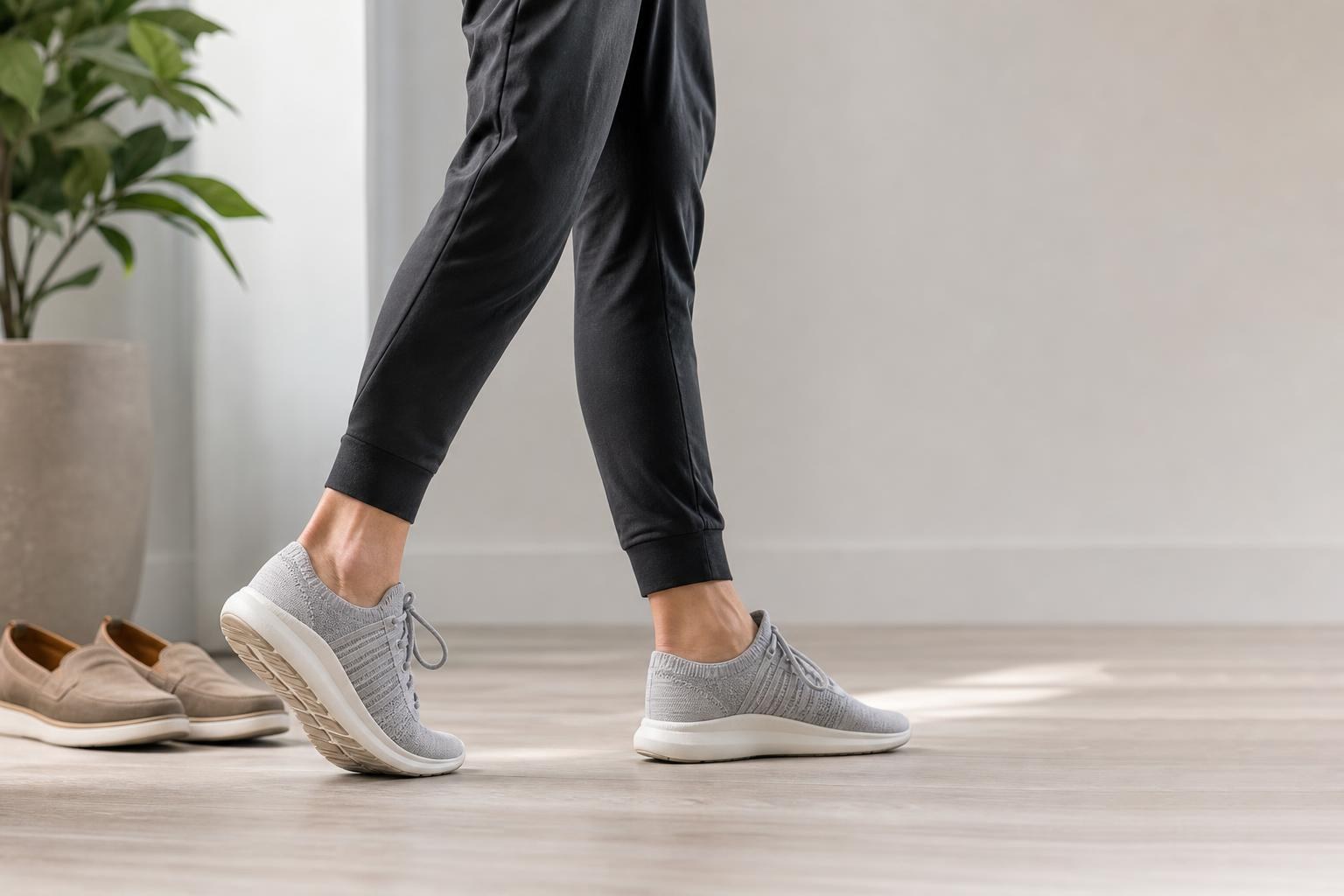 Adult walking in supportive shoes with the foot arch visible during mid-stance