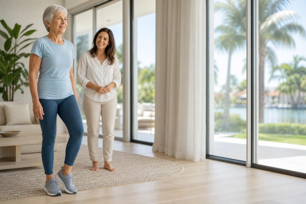 Older adult wearing supportive walking shoes while a family member observes their balance and mobility