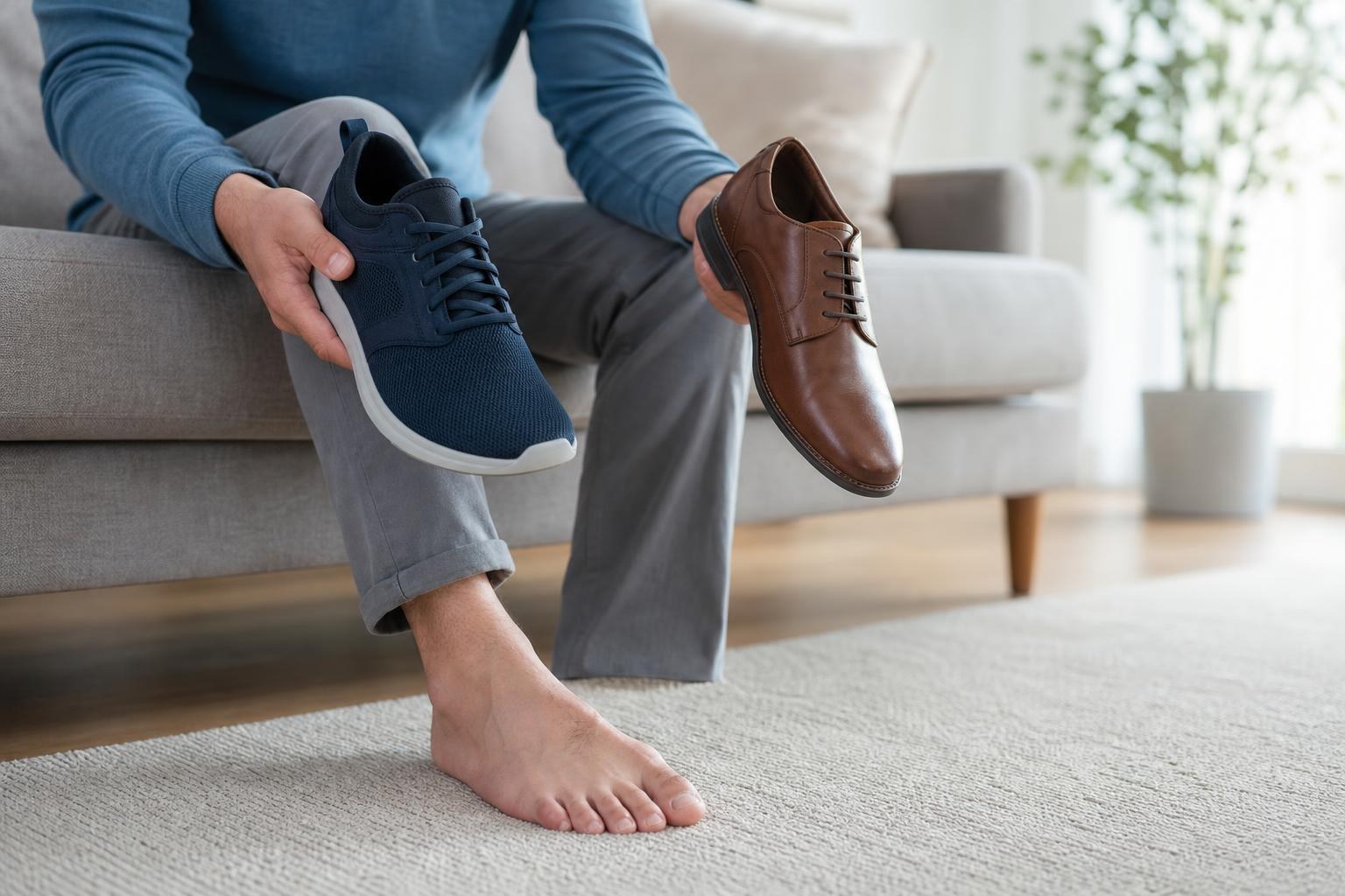 Adult comparing shoes while managing a subtle bunion at the big toe joint