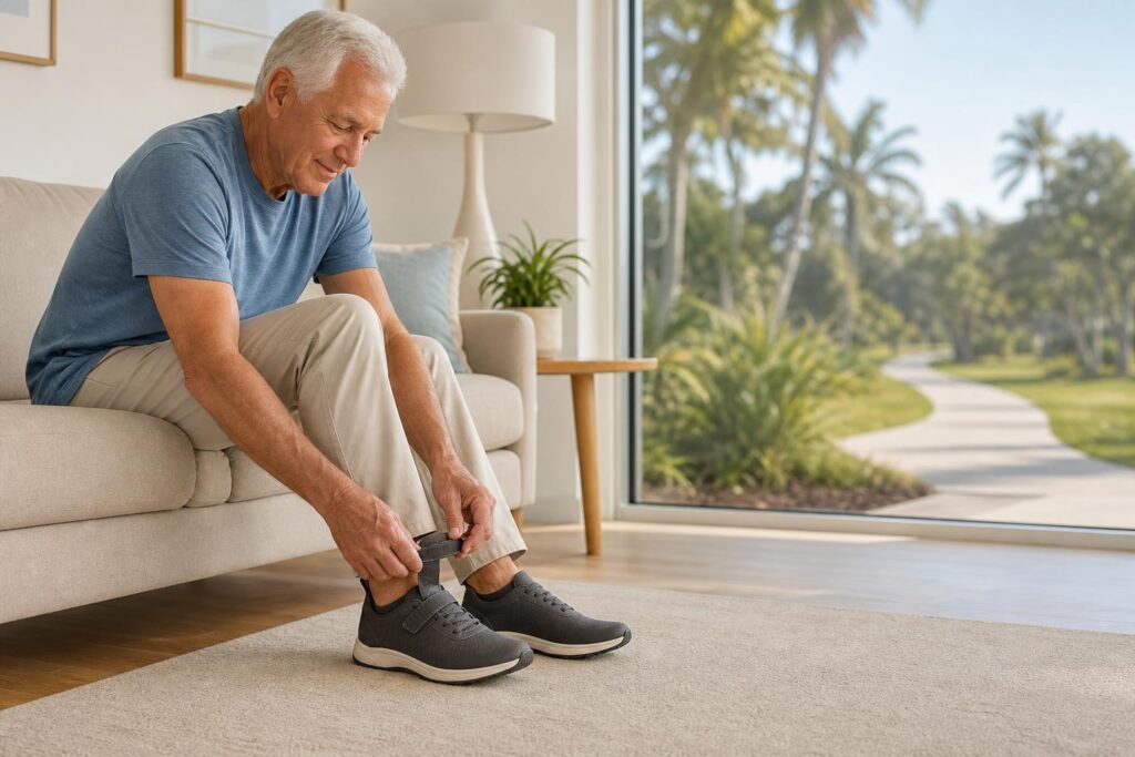 Older adult putting on a supportive shoe as part of a daily foot care routine for comfortable mobility.