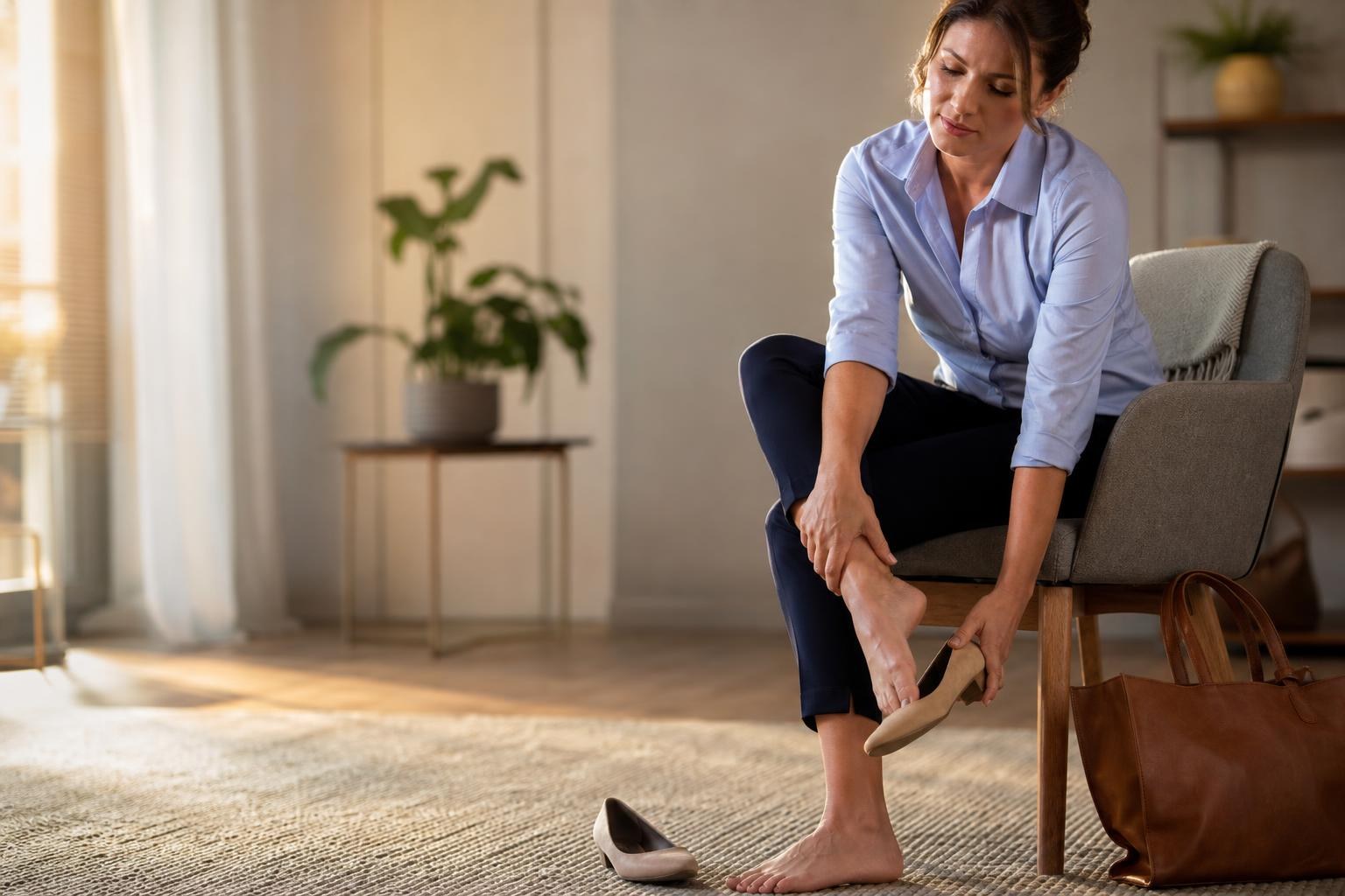 Adult resting and gently holding a sore foot after a full day of standing and walking.