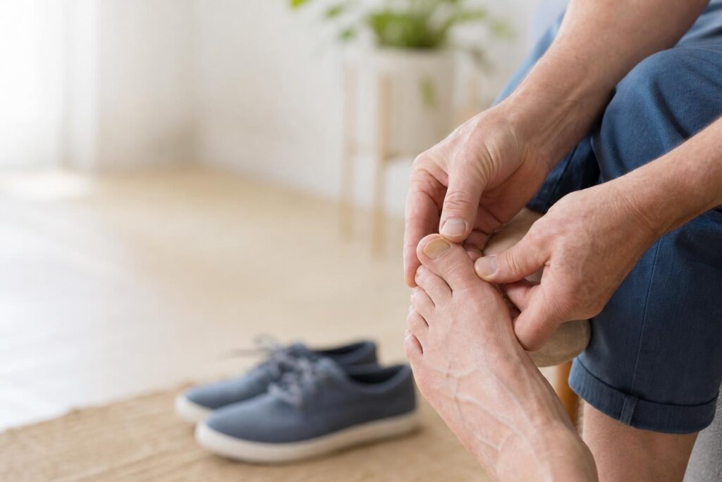 Adult examining a mildly thickened, discolored toenail before seeking podiatry care
