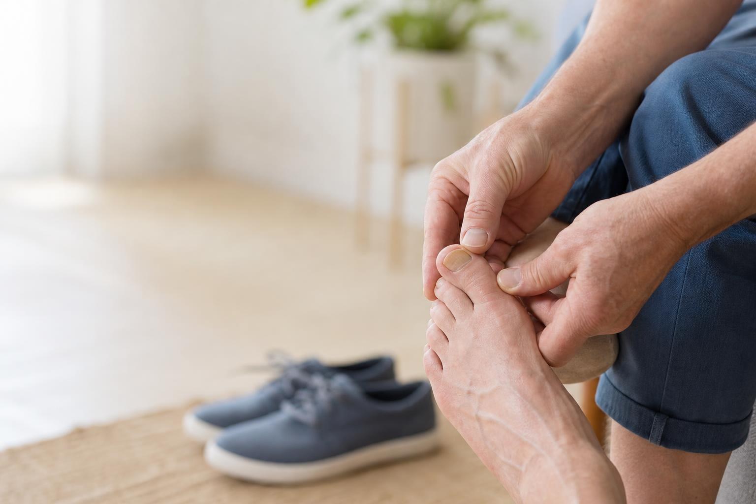Adult examining a mildly thickened, discolored toenail before seeking podiatry care