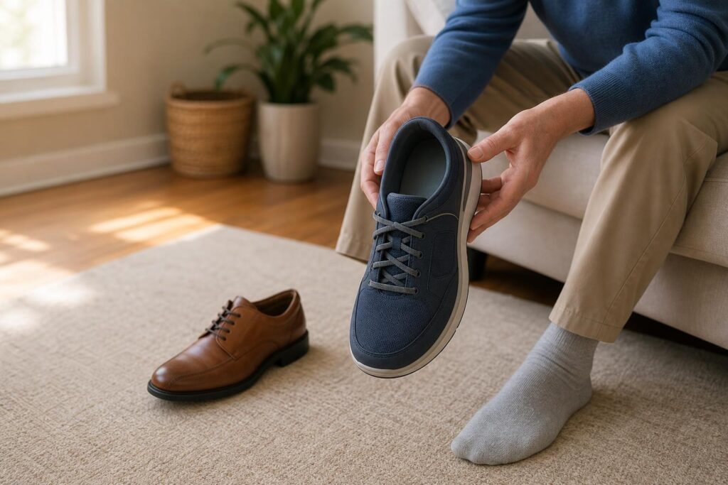 Adult comparing a narrow shoe with a roomy walking shoe to reduce hammertoe pressure