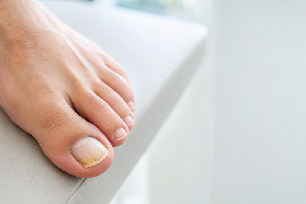 Toenail showing clearer new growth near the cuticle and older discoloration toward the tip