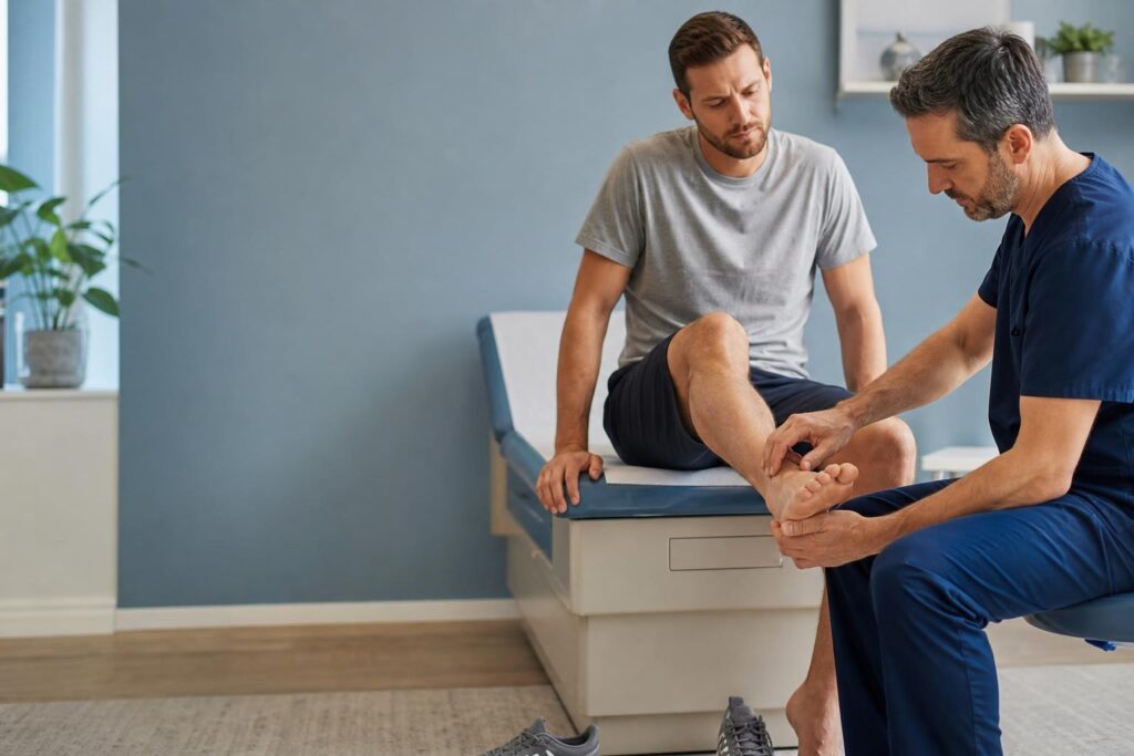 Podiatrist evaluating an adult patient’s foot and ankle for persistent pain