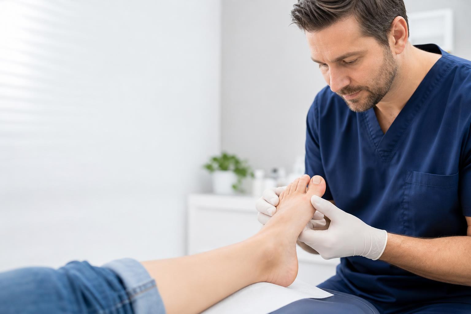 Podiatrist gently examining a mildly irritated ingrown big toenail.